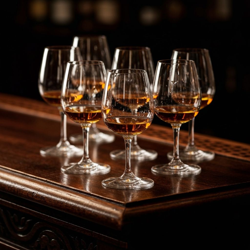 Whisky glasses on bar counter
